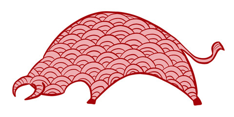Ox Symbol of 2021 Chinese New Year with traditional scaly pattern, vector illustration in red