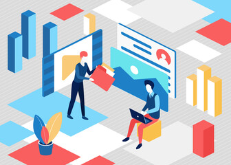 Isometric people upload creative content concept vector illustration. 3d cartoon business characters creating blog content, holding files. Video, music, pictures download via mobile devices background