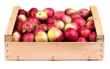 heap of apples in wooden box isolated on white background
