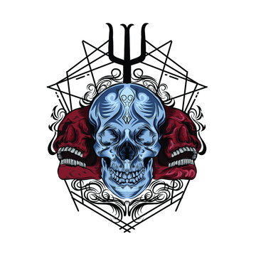 Vector image of a human skull with ornament around it