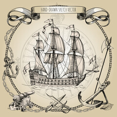 Antique sailboat in a round frame made of attributes of nautical adventures: old cannon, anchor, weapons, ropes and flags.