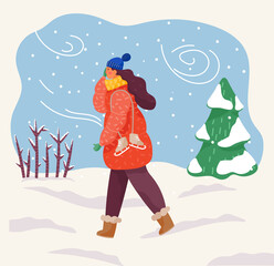 Female character wearing warm clothes hat and scarf returning home from skating rink. Blizzard snowfall and harsh wind blowing in forest. Pine tree covered with snow, wintry landscape vector