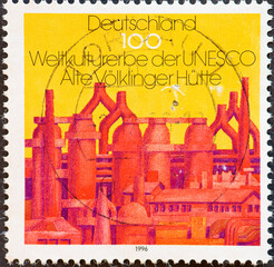 GERMANY - CIRCA 1996 a postage stamp from Germany, showing the historic industrial facilities of the Alter Völklinger Hütte steelworks. UNESCO world cultural heritage.