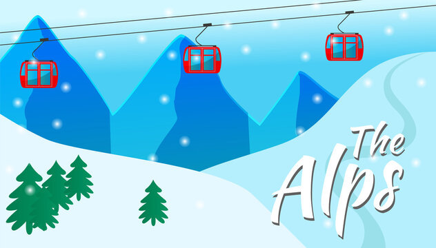 Traveling in the snowy Alps. Funicular with red cabins, cableway, snowy white hills, skiing, trip to the mountains. Active winter holidays. Luxury resort. Snowflakes and Christmas trees. Flat image