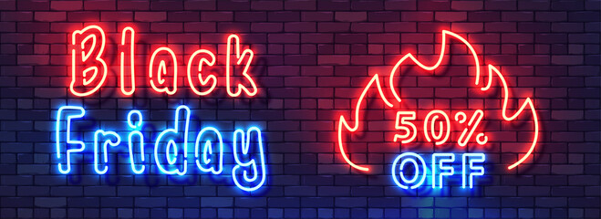 Black Friday Sale Neon Colorful Banner. Fiery Luminous Tube Neon Symbol. Trendy Design Discount Sale Concept Template. Elements for Night Bright Advertising. Vector Illustration. EPS 10