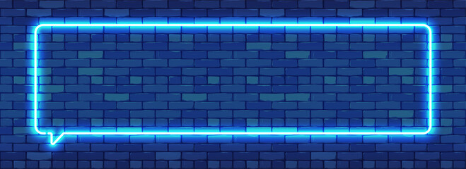 Neon Sign in Rectangular Frame Shape. Bright Neon Light on a Dark Brick Wall Background. Quiz Glowing Neon Tube Banner Template. Shining Speech Bubble. Vector Illustration. EPS 10