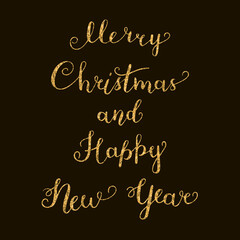 Lettering "Merry Christmas and Happy New Year". Golden glittering texture. New Year, Christmas banner. Vector illustration EPS 10.
