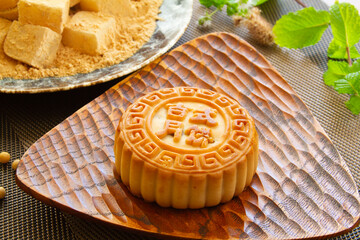 Chinese moon cake in a plate close up. Mooncake festival.