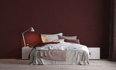 The beautiful modern mock up and interior of bedroom and red texture wall texture background/3D rendering