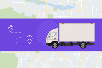 Fototapeta na wymiar Delivery of goods around the city. Cargo van on the background of the city map, place label. Vector illustration