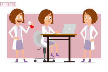 Cartoon flat funny little scientist doctor girl character in white uniform. Kid holding big medical pill and working on laptop. Ready for animation. Isolated on pink background. Vector set.