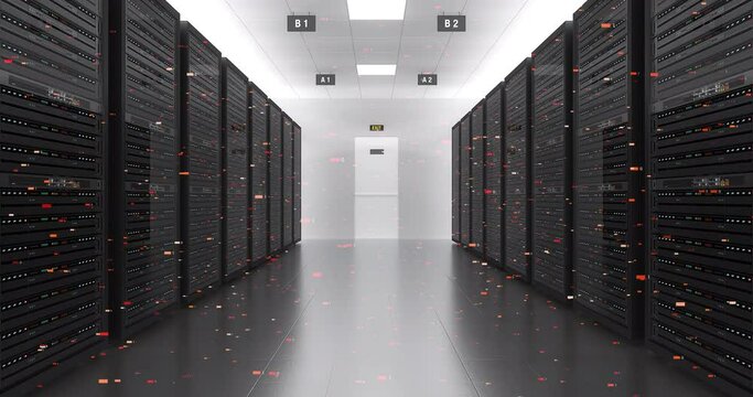 Server Racks In a Modern Data Center. Camera Slowly Moving Forward With Flying Numbers. Technology Related 4K 3D Animation.