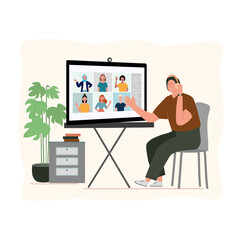 Worker using computer for collective virtual meeting and group video conference. Men at desktop chatting with friends online. Vector illustration for video conference, remote work, technology 