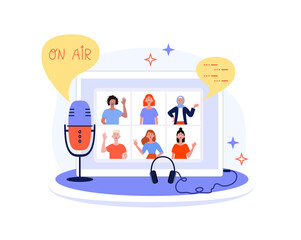 Radio host with table. Media hosting doodle drawing. Female podcaster, broadcaster at workspace isolated cartoon character. Banner, poster, template, landing page. Flat vector illustration.