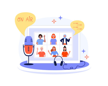 Radio Host With Table. Media Hosting Doodle Drawing. Female Podcaster, Broadcaster At Workspace Isolated Cartoon Character. Banner, Poster, Template, Landing Page. Flat Vector Illustration.