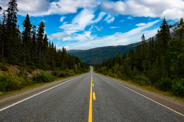 Fototapeta premium Beautiful Scenic Road, Klondike Hwy, in the Canadian Nature during Fall Season. Blue Sky Sunny Day. Taken in Yukon, Canada.