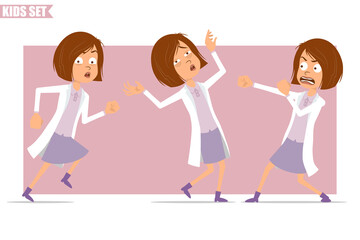 Cartoon flat funny little scientist doctor girl character in white uniform. Kid fighting, running and falling unconscious. Ready for animation. Isolated on pink background. Vector set.
