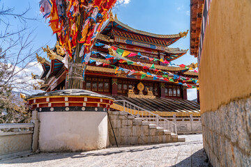 The amazing view of traditional buddhist flags at the Zhongdian Sutra Depository Scenic Spot in Shangri-La in China