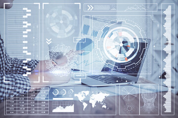 A man working on computer with technology theme drawing. Concept of big data. Multi exposure.