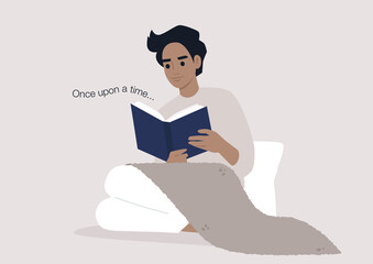 Young male character reading a book, cozy interior design, modern lifestyle