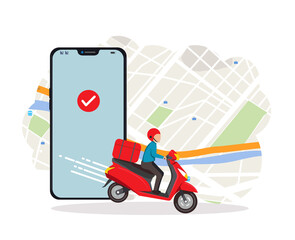 Fast and free delivery by scooter, Transportation business, Customer tracking order route with smartphone, GPS Technology, vector illustration 