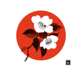 White camelia flowers and big red cirlce, symbol of Japan. Traditional Japanese ink wash painting sumi-e. Hieroglyph - eternity