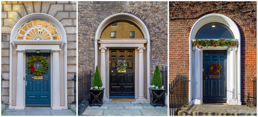 Naklejka premium Collection of Georgian doors decorated with traditional Christmas wreaths and trees to celebrate the festive season. Holiday decorations on old historic houses. Dublin, Ireland. Composite collage