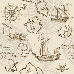 Old caravel, vintage sailboat, sea monster. Monochrome Hand drawn sketch. Seamless pattern for boy. Detail of the old geographical maps of sea. - obrazy, fototapety, plakaty