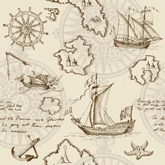 Fotobehang Old caravel, vintage sailboat, sea monster. Monochrome Hand drawn sketch. Seamless pattern for boy. Detail of the old geographical maps of sea. © Shalyapina