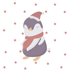 Cute little penguin with red dots on the background.