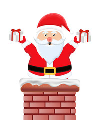 Santa Claus descends the chimney and keeps a gifts box isolated on white background. vector illustration.