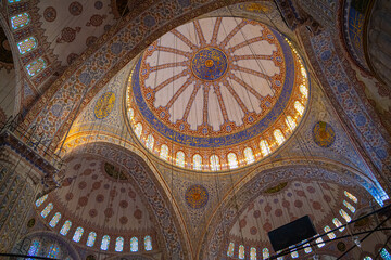 Fototapeta na wymiar Dome of Sultanahmet Mosque aka The Blue Mosque in Istanbul Turkey. Ramadan in Istanbul. Ramadan background photo.