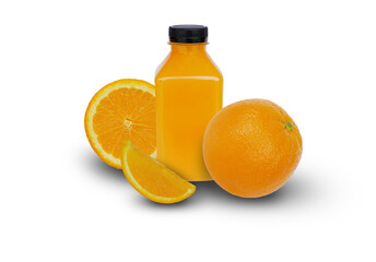 The orange juice and slided oranges on a white background