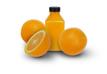 An orange juice and slided oranges on a white background