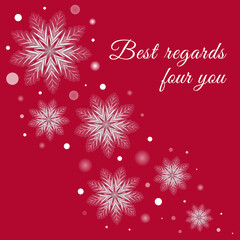 Red winter greeting card with white snowflakes and glowing. Vector holidays background, celebrations poster