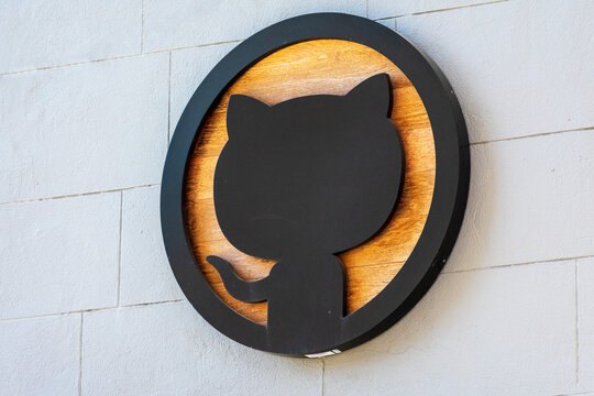 GitHub logo, Octocat, at the San Francisco headquarters. GitHub, a Microsoft subsidiary, provides hosting for software development version control using Git - San Francisco, California, USA - 2020