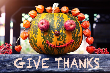 Give thanks - text on a wooden surface with a decorative pumpkin - a symbol of autumn. The concept...