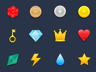 Game pack elements  - user interface vector icons. Gems, coins, trophies etc.