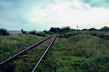 Fototapeta na wymiar Primer plano de una vía del tren en un día de lluvias. Una vieja vía del tren que discurre entre vegetación y que se dirige recta al horizonte en un oscuro día de lluvia junto a Olimp en Rumanía.