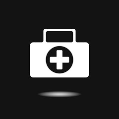 First aid kit white icon in flat style. Health, help and medical diagnostics vector illustration on black background. Black Doctor bag concept.
