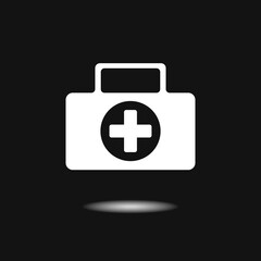 Obraz premium First aid kit white icon in flat style. Health, help and medical diagnostics vector illustration on black background. Black Doctor bag concept.