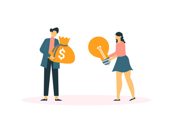 Business porters a successful team. The investor holds money in ideas. financing of creative projects. woman and man business handshake vector