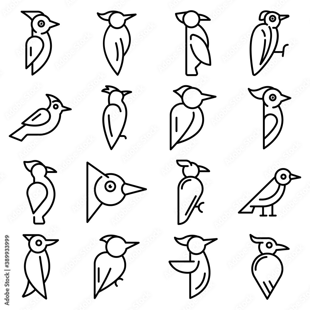 Sticker Woodpecker icons set. Outline set of woodpecker vector icons for web design isolated on white background - Stickers
