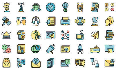 Communication icons set. Outline set of communication vector icons thin line color flat on white