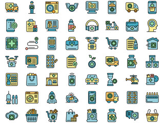 Drug delivery icons set. Outline set of drug delivery vector icons thin line color flat on white