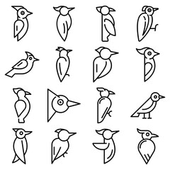 Woodpecker icons set. Outline set of woodpecker vector icons for web design isolated on white background