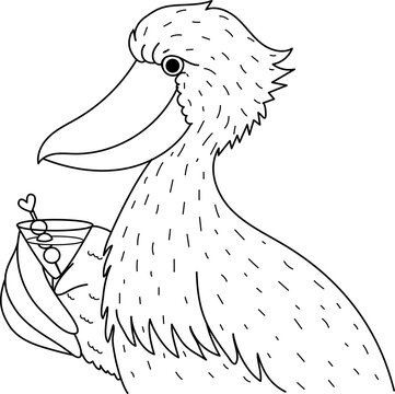 recommend clip art: Cute Shoebill holding cocktail glass, design for coloring book, coloring page or print on things. Vector illustration