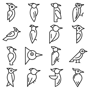 Woodpecker icons set. Outline set of woodpecker vector icons for web design isolated on white background