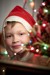 Cute little boy decorates a Christmas tree. Christmas and New Year decor