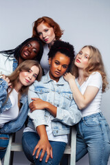 diverse multi nation girls group, teenage friends company cheerful having fun, happy smiling, cute posing isolated on white background, lifestyle people concept, african-american and caucasian